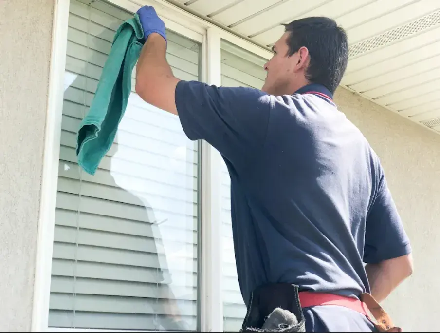 PPH technician hand-wiping a window clean at a Salt Lake Valley home